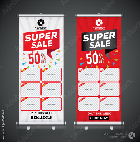 Roll up banner design template, vertical, abstract background, pull up design, modern x-banner, rectangle size. 