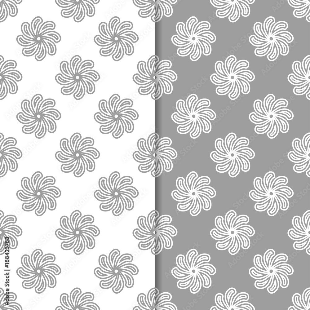 White and gray set of floral backgrounds. Seamless patterns