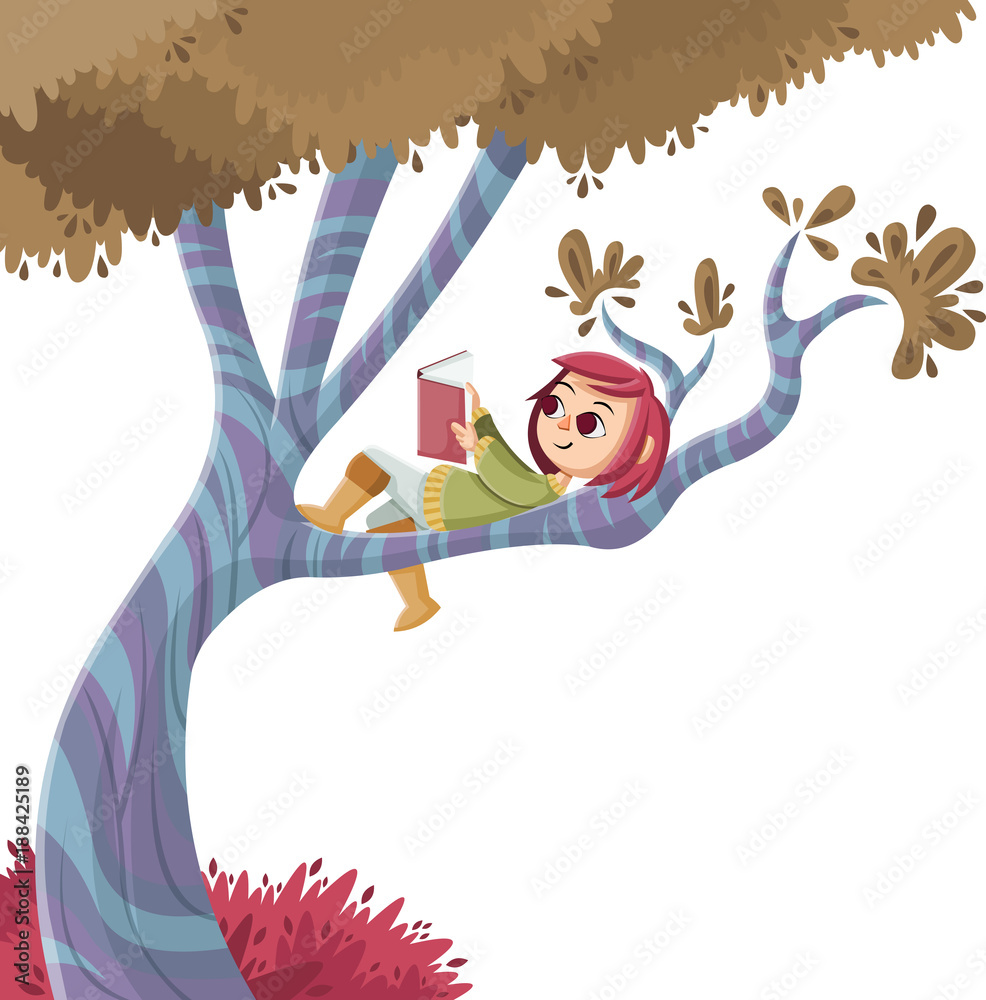 Cute cartoon girl reading book over a tree. Nature background. Stock Vector  | Adobe Stock