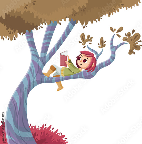 Cute cartoon girl reading book over a tree. Nature background.