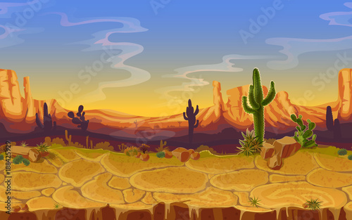 Vector seamless desert landscape. Horizontal cartoon game, banner background, panorama with wild nature, cactus, rocks, trees, mountains sunset cloud sky, canyon dry ground. Western scene illustration