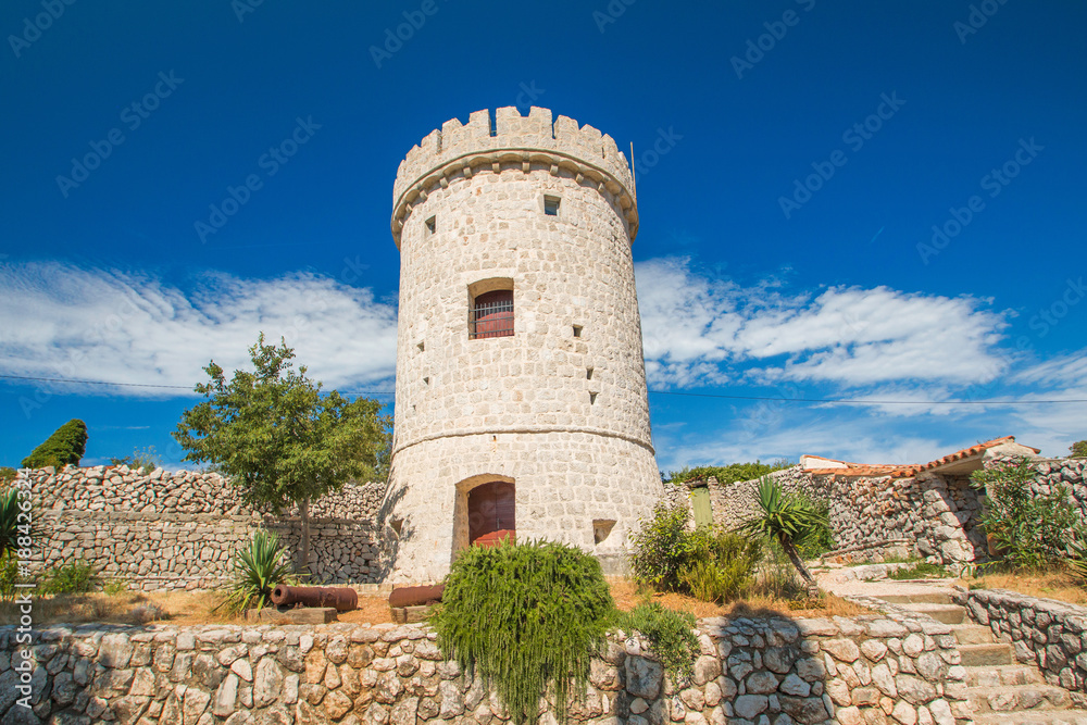 Stone tower fortress in town of Cres, Kvarner, Croatia 