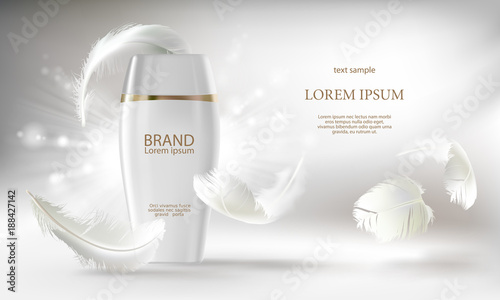 Vector cosmetic banner with 3d realistic white bottle for skin care cream or body lotion, mockup to promotion your brand. Beauty product concept illustration on shiny light background with feathers