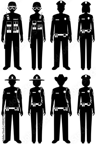 Police people concept. Set of different silhouettes of SWAT officer, policeman, policewoman and sheriff in flat style on white background. Vector illustration.