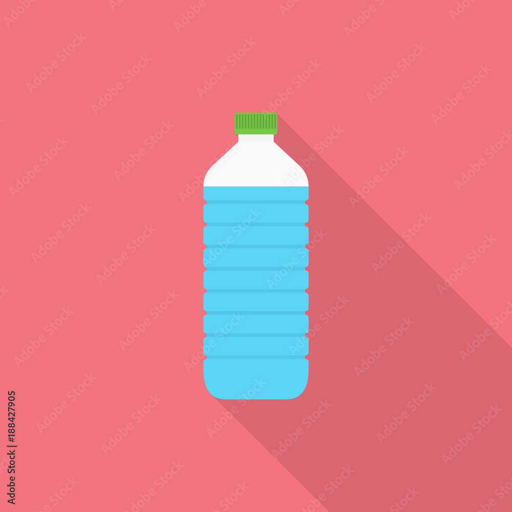 Bottle of water icon with long shadow on pink background, flat design style Bottle of water icon with long shadow on pink background, flat design style