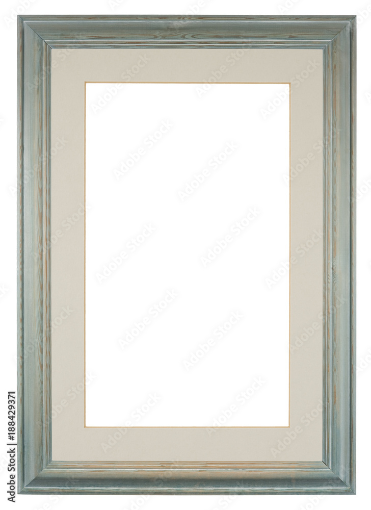 Empty picture frame with a distressed hand painted blue finish and a grey mount Empty picture frame with a distressed hand painted blue finish and a grey mount