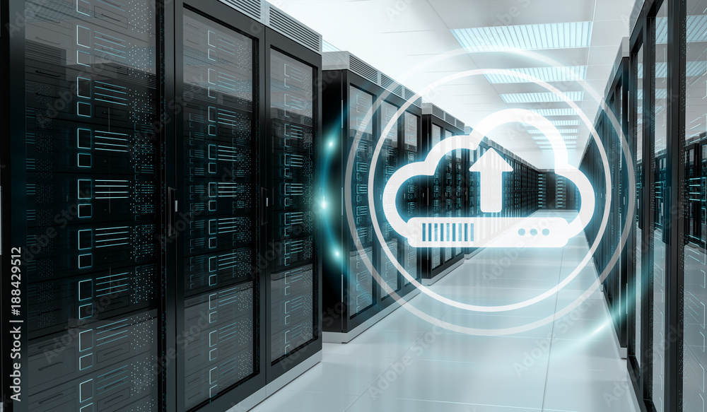 Cloud icon downloading datas in server room center 3D rendering Cloud icon downloading datas in server room center 3D rendering