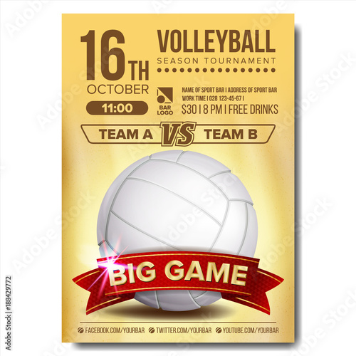 Volleyball Poster Vector. Volleyball Ball. Sand Beach. Design For Sport Bar Promotion. Vertical Volleyball Club, Flyer. Championship Invitation Illustration