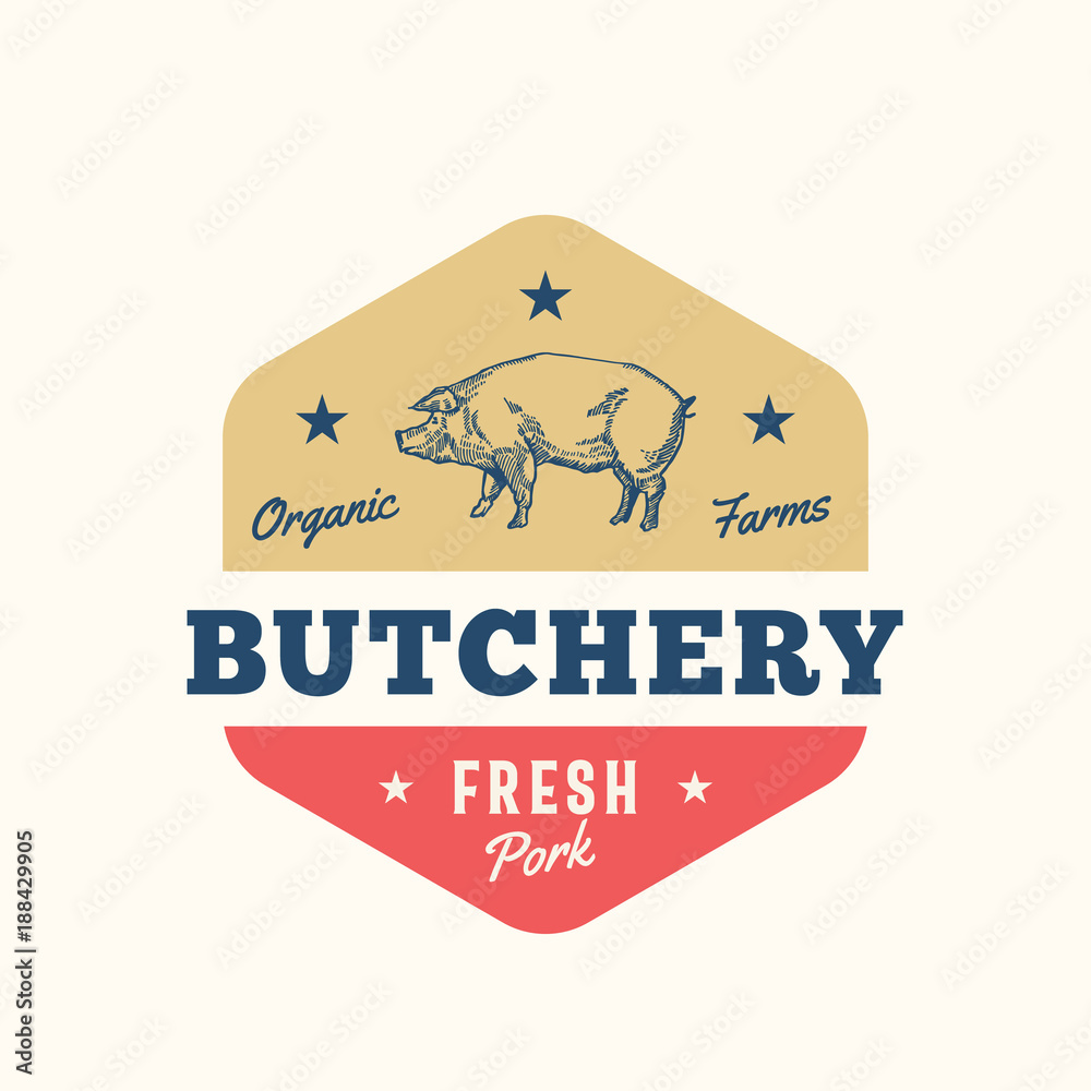 Organic Farm Butchery Abstract Vector Sign, Symbol or Logo Template. Hand Drawn Pig Sillhouette with Retro Typography. Pork Meat Vintage Badge or Emblem.