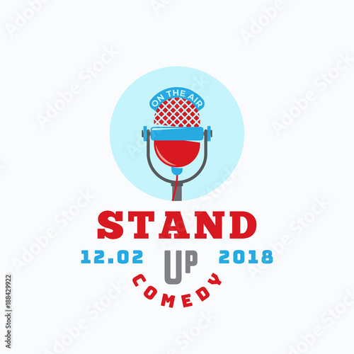 Stand Up Comedy Abstract Vector Sign, Emblem or Logo Template. Flat Style Microphone Icon with Retro Typography.