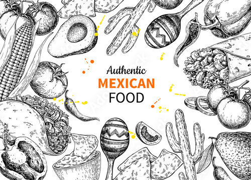 Mexican food sketch label in frame. Vector Traditional cuisines 