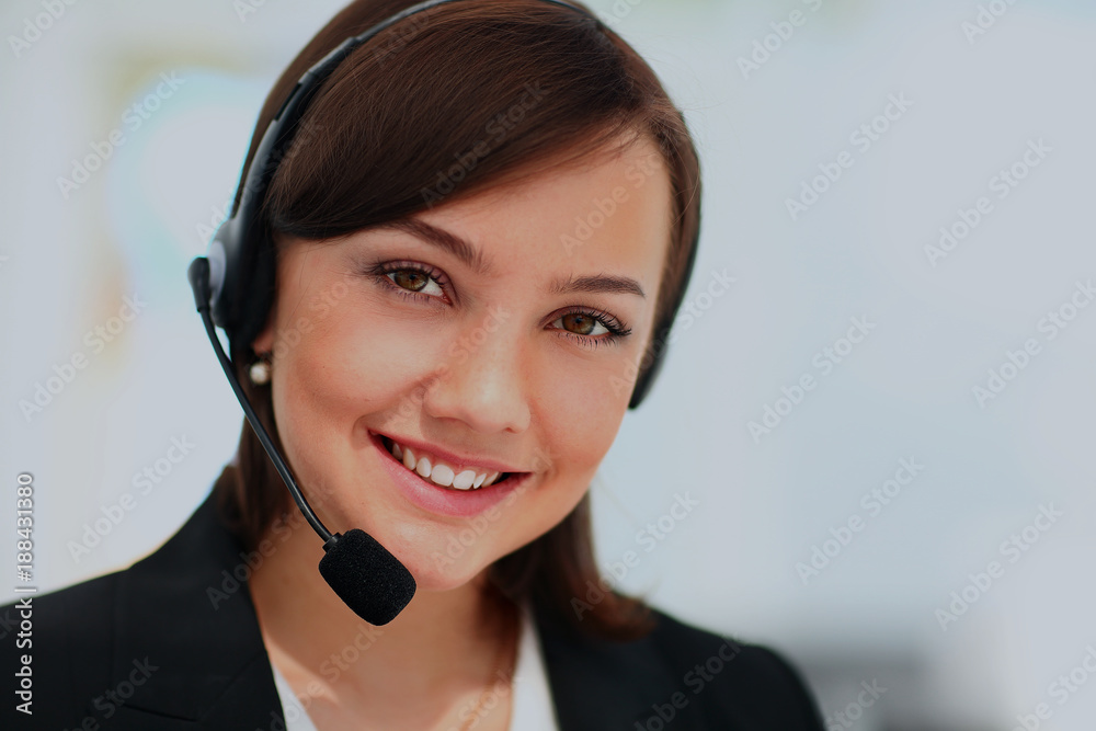 Portrait of happy smiling cheerful support phone operator. Portrait of happy smiling cheerful support phone operator.