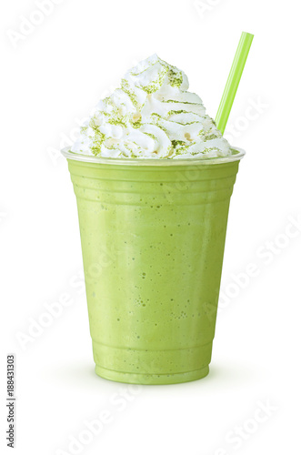 Tableau sur toile Green Tea Frappe or Green Smoothie with Whipped Cream Sprinkled with Matcha