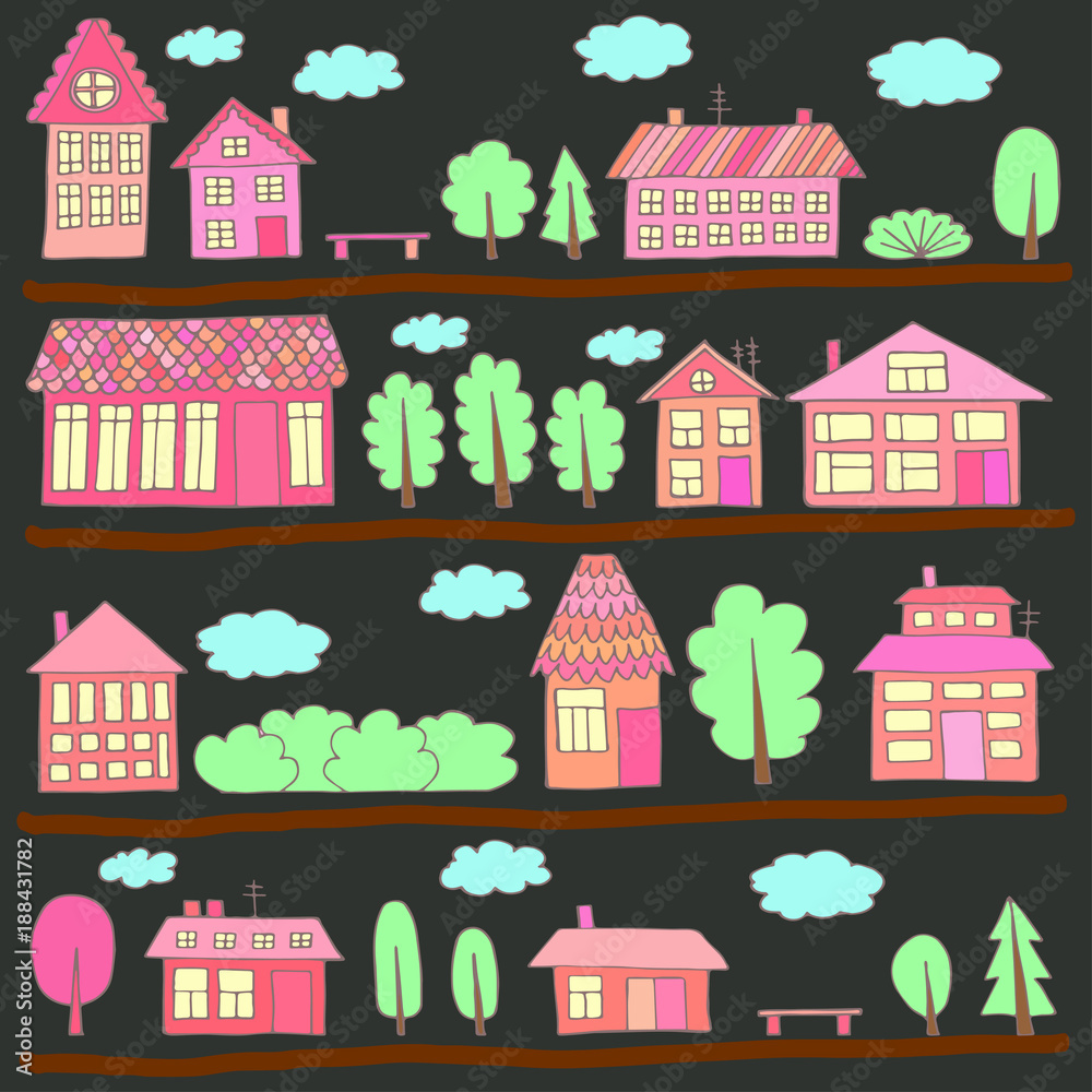 Obraz premium Houses on a street. Illustration of a city landscape with townho