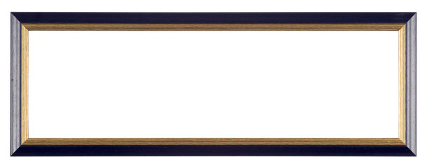 Empty picture frame isolated on white, panoramic landscape format, in painted black and gilt
