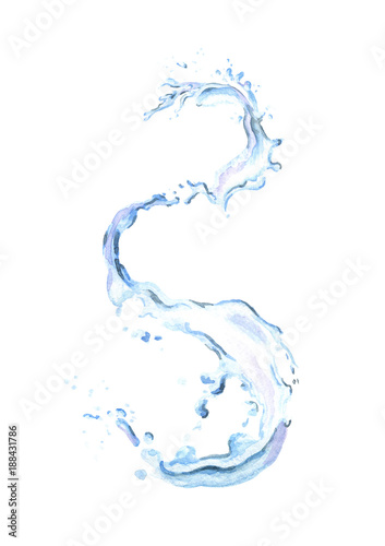 Water spiral with splashes isolated on white background. Watercolor hand drawn illustration