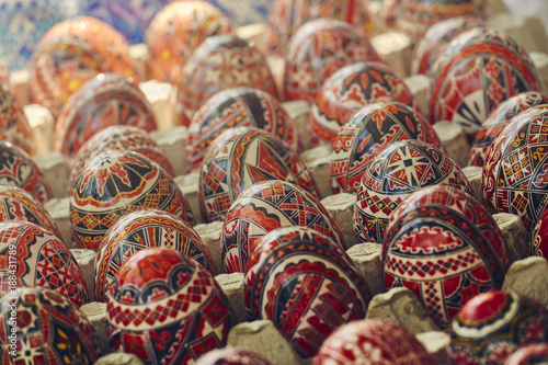 Beautiful colorful homemade ornate  painted decorative Easter eggs. Closeup  shallow depth of field  selective focus.