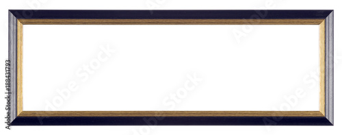 Empty picture frame isolated on white, panoramic landscape format, in painted black and gilt