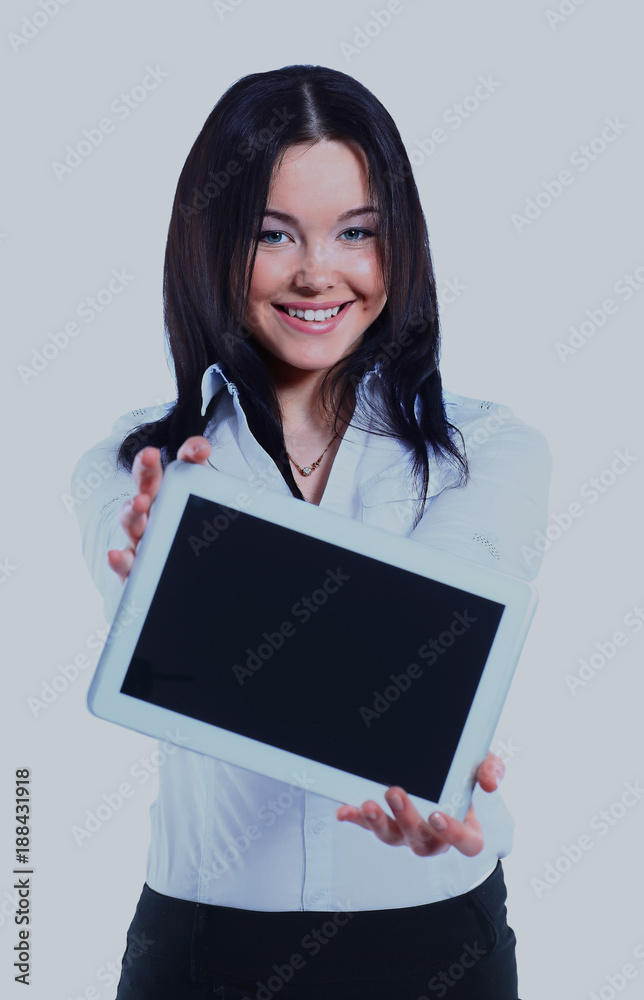 Isolated young business woman showing digital tablet. Isolated young business woman showing digital tablet.