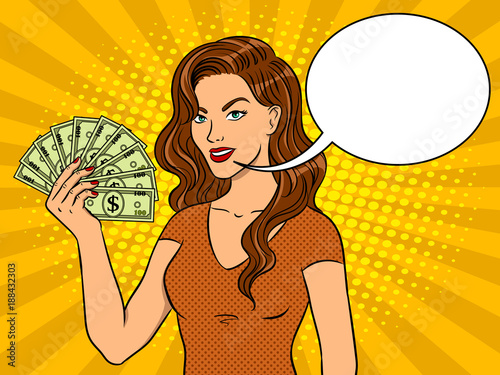 Young woman with cash dollars pop art vector