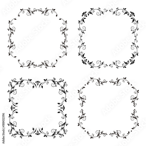Vector set of four calligraphic decorative black frames isolated on a white background.