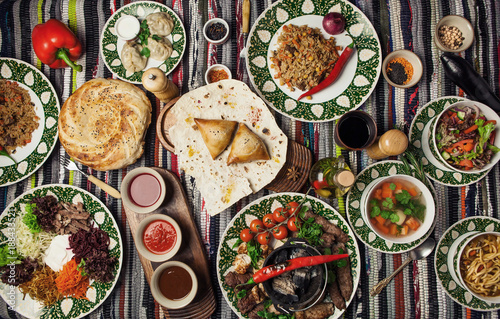 Asian Uzbek different dishes shurpa, shish, kebab, samsa, manti, Lagman