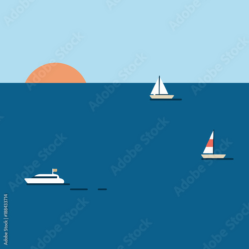 Sunset illustration with boats on the sea