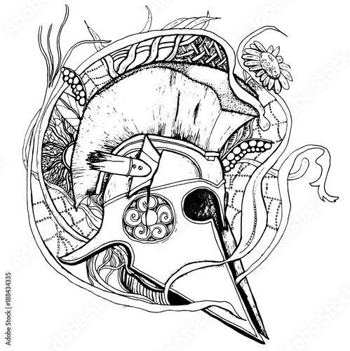 Vector hand drawn greek historical helmet with floral background.