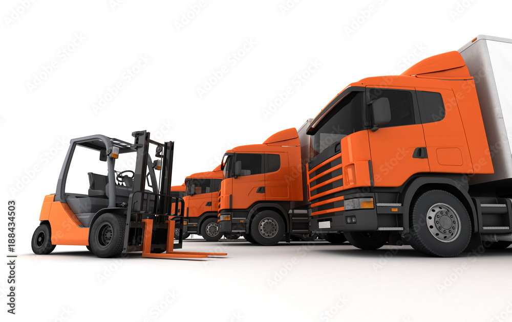 Delivery and logistics concept. Forklift at foreground with group of tilt van trucks at background at warehouse isolated on white background. Front perspective view. 3D illustration Delivery and logistics concept. Forklift at foreground with group of tilt van trucks at background at warehouse isolated on white background. Front perspective view. 3D illustration