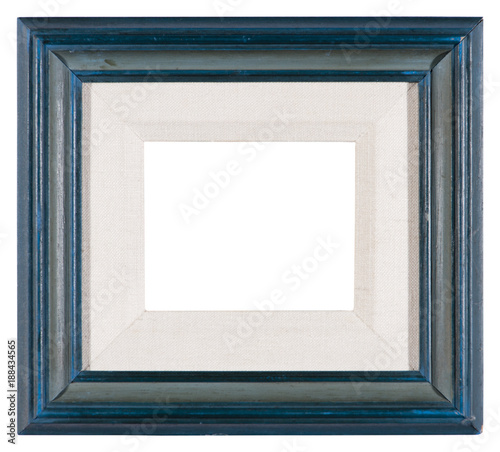 Empty picture frame in a distressed blue painted finish with a mount photo