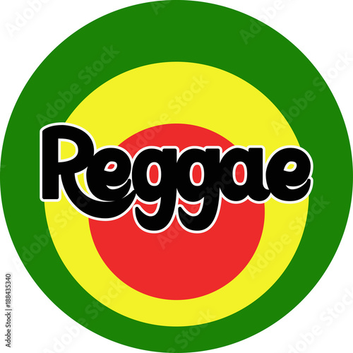 Reggae label. Vector lettering poster. Rastafarian colors background.