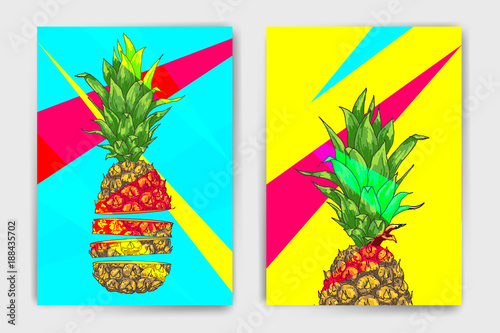 Vector pineapple mock up set. Colorful design with ananas for cover, brochure or print template. Easy to use and modify, created using clipping mask