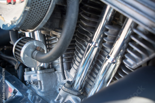 Horizontal View of Close Up of a Chrome Parts of a Motorbike