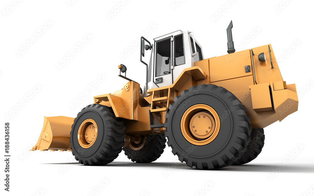 Powerfull concept. Giant yellow hydraulic loader isolated on white. Right to left direction. 3D illustration. wide angle. Side view