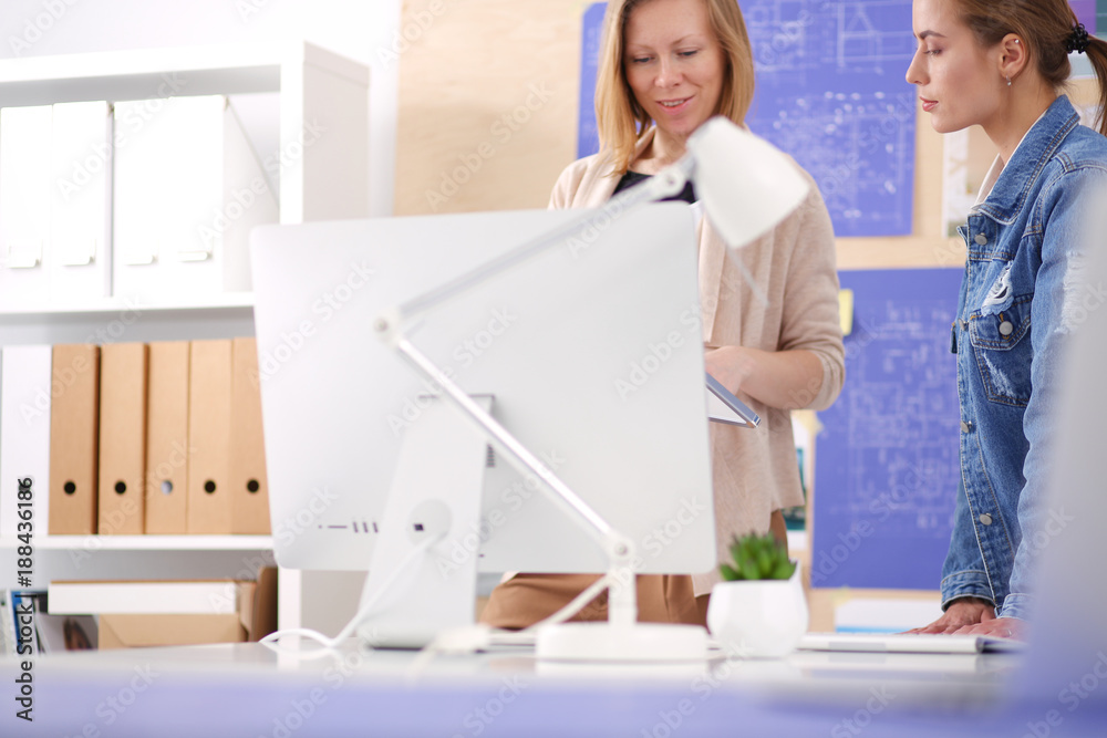 Two young woman standing near desk with instruments, plan and laptop. Two young woman standing near desk with instruments, plan and laptop.