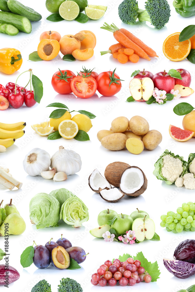 Obst und Gemüse Früchte Hintergrund Apfel Tomaten Bananen Orangen Zitrone Weintrauben Farben Collage Freisteller freigestellt isoliert Obst und Gemüse Früchte Hintergrund Apfel Tomaten Bananen Orangen Zitrone Weintrauben Farben Collage Freisteller freigestellt isoliert