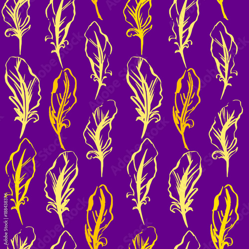 Mardi Gras seamless feather pattern. Hand drawn Fat Tuesday background. Artistic colorful repeatable design. Trendy plume illustration.