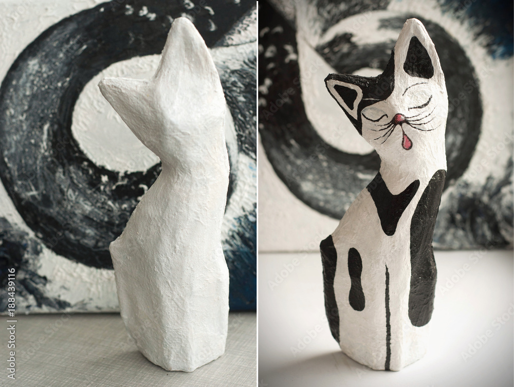 Papier mache cat until paining and after painting. Black and white cat