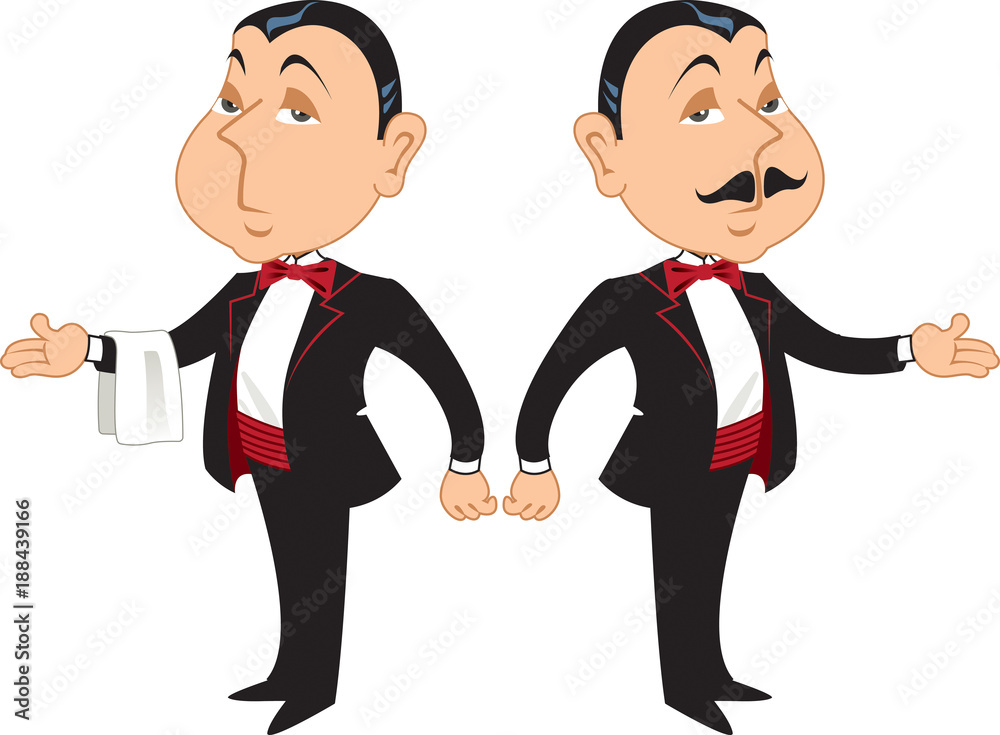 Two professional maitre d's or butlers in formal wear, one with a mustache and one without. Two professional maitre d's or butlers in formal wear, one with a mustache and one without.