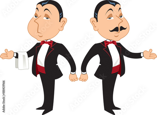 Two professional maitre d's or butlers in formal wear, one with a mustache and one without. photo