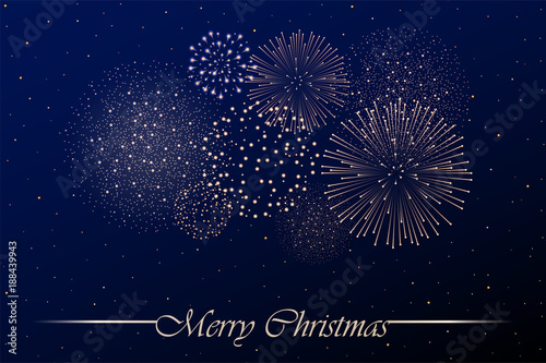 Firework show on blue night sky background. Christmas concept. Congratulations background. Vector illustration