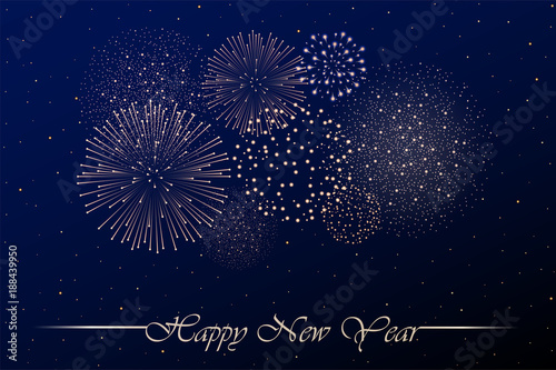 Firework show on blue night sky background. New year concept. Congratulations background. Vector illustration