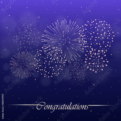 Firework show on violet night sky background. Independence day concept. Congratulations background. Vector illustration