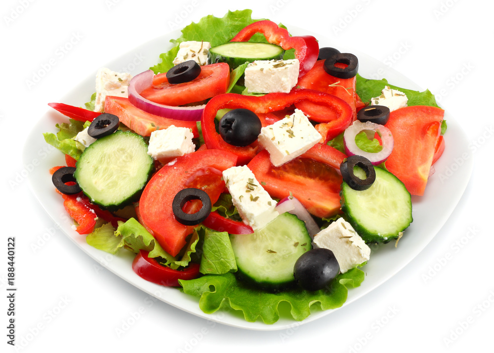Square plate of greek salad isolated on white. fresh vegetable salad Square plate of greek salad isolated on white. fresh vegetable salad