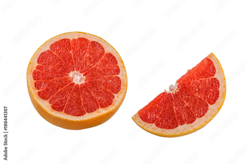 one whole round piece and half piece of grapefruit on white background one whole round piece and half piece of grapefruit on white background