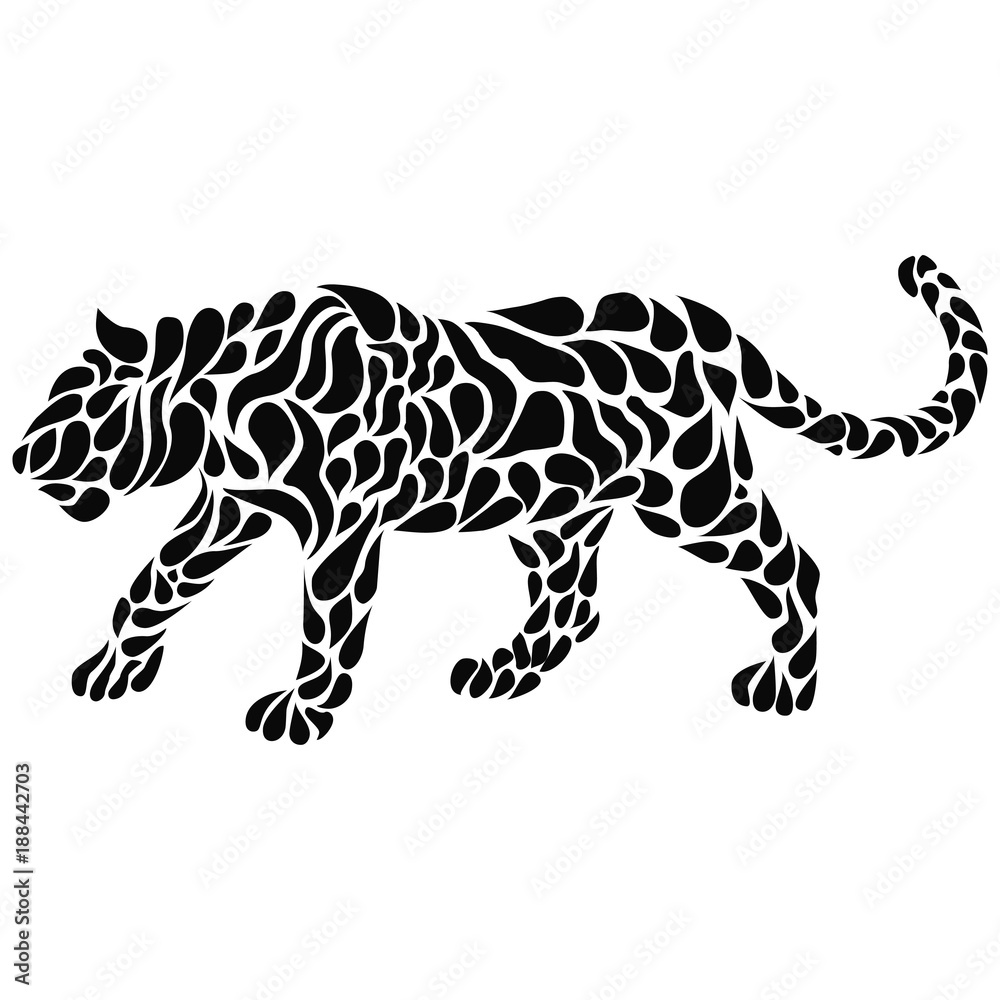 Silhouette of a walking black panther in a tattoo style. Vector illustration
