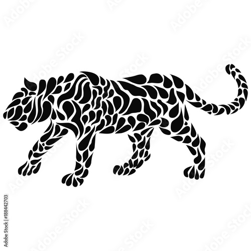 Silhouette of a walking black panther in a tattoo style. Vector illustration