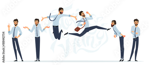 Businessman in different emotions and expressions. Businessperson in casual office look. Different poses for animation