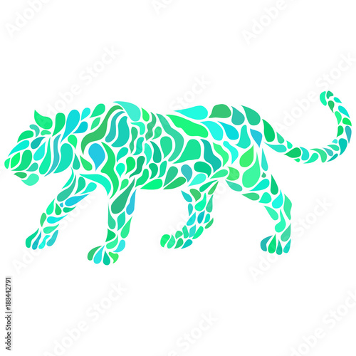 Silhouette of a walking colorful panther in a tattoo style. Vector illustration