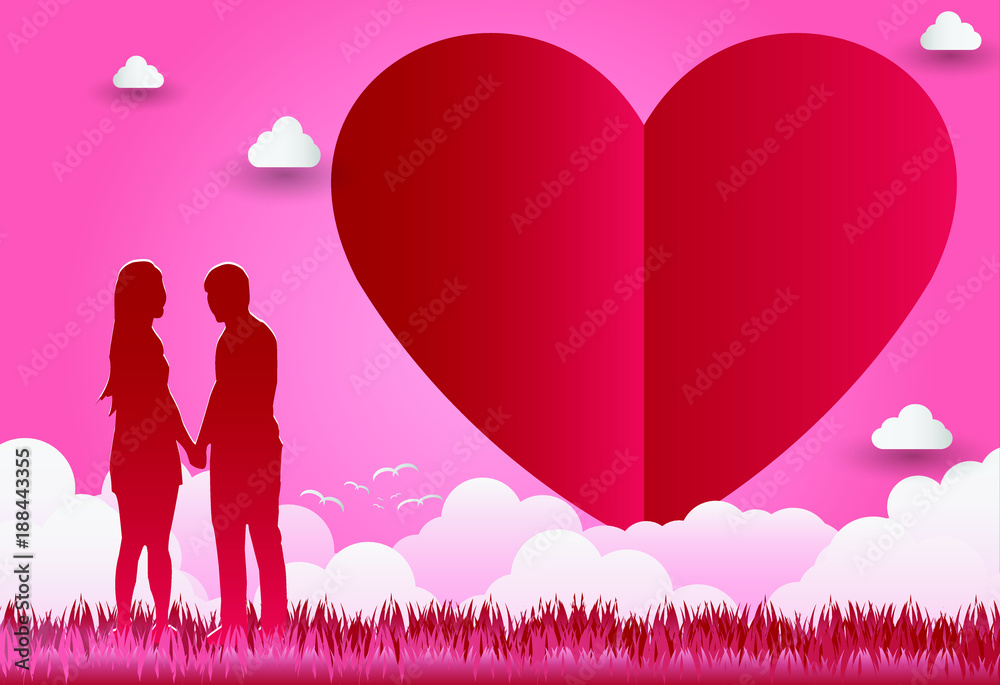 Fototapeta Illustration of love and Valentine's Day, standing hand in hand, showing love to each other.